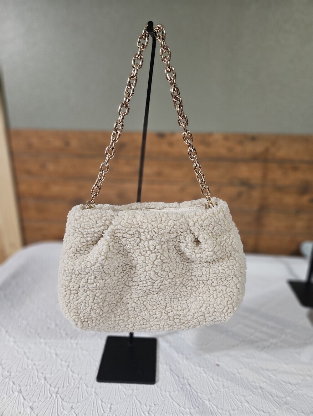 H & M Cozy Cream Sherpa Chain-Handle Shoulder Bag